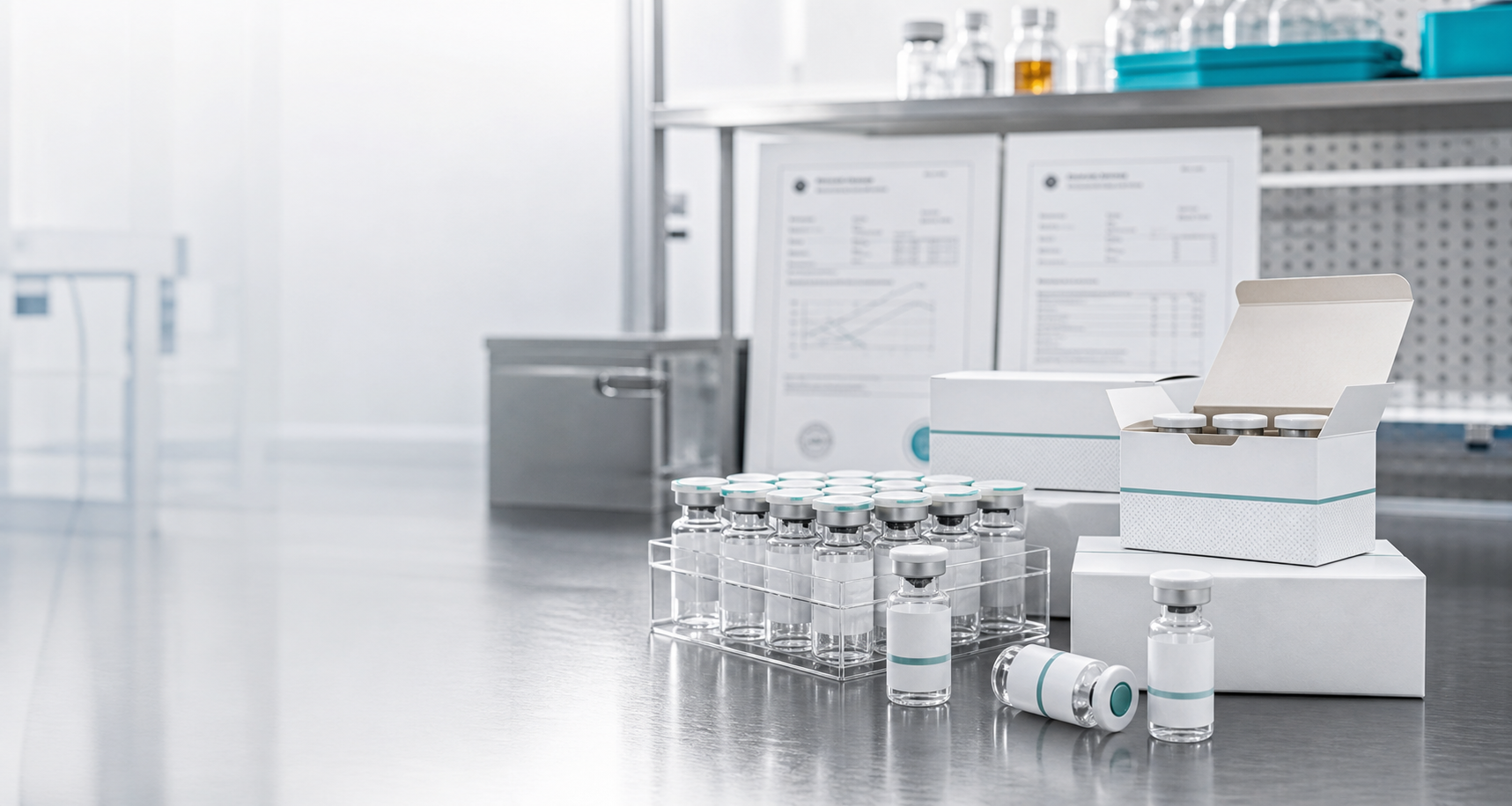 Neutral research vials and sample boxes on a clean laboratory bench