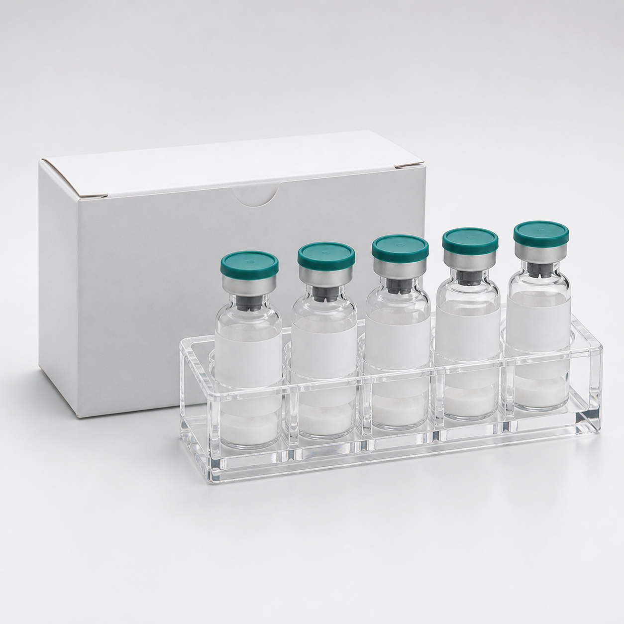 Rack of sealed research vials with neutral labels