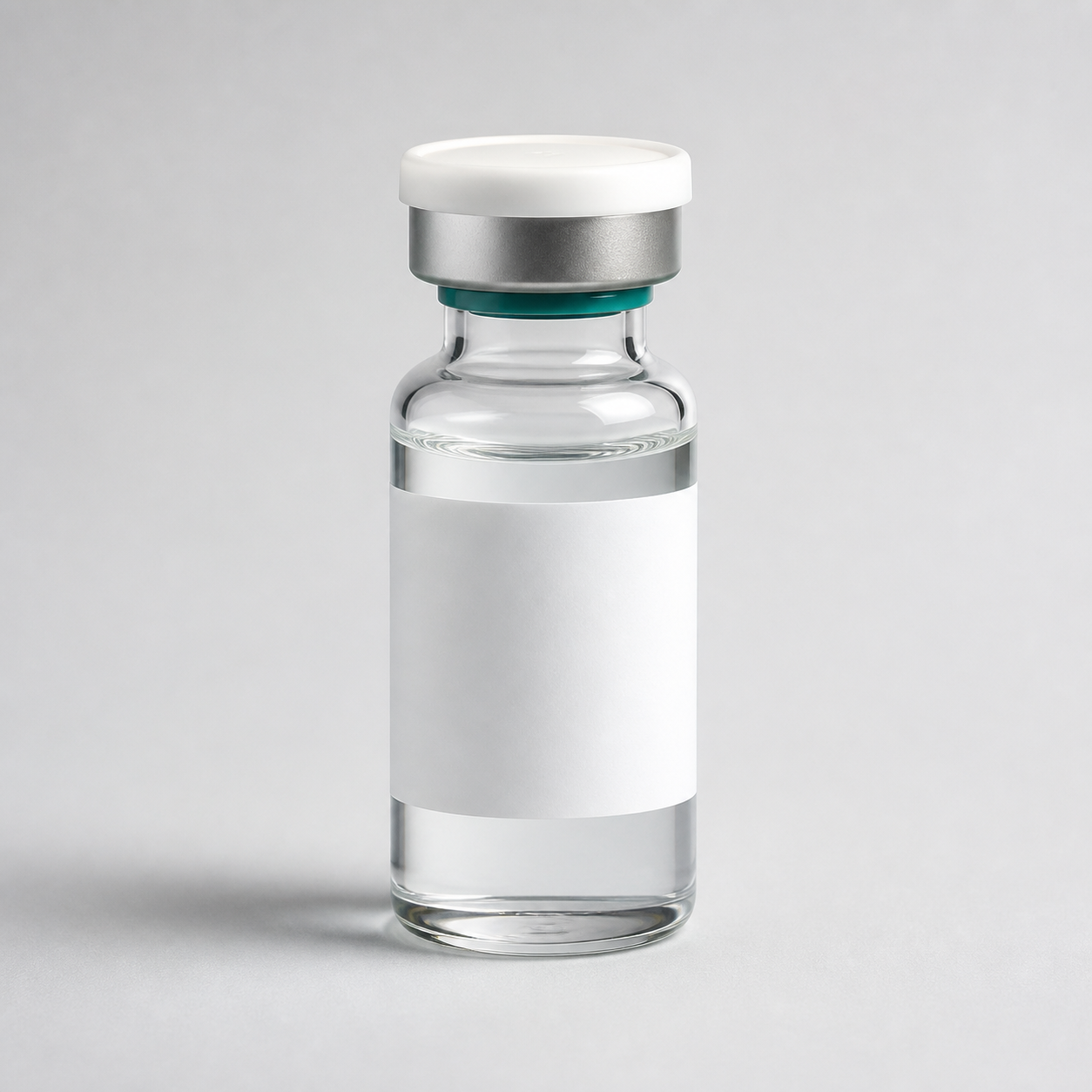 Clear research vial with a neutral Base Molecule label